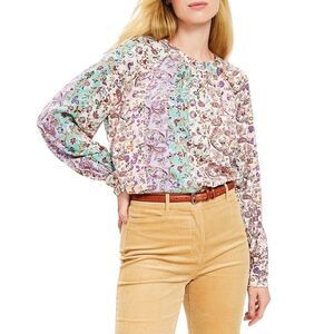 LOFT Women's Size MEDIUM Herringbone Paisley Button Raglan Blouse Parch Block